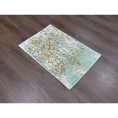 2'x3' Green-Gold Abstract Design Wool & Silk Hand Knotted Mat Oriental Rug