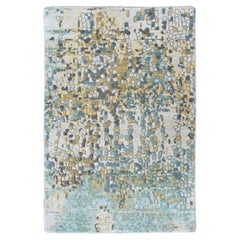 2'x3' Green-Gold Abstract Design Wool & Silk Hand Knotted Mat Oriental Rug