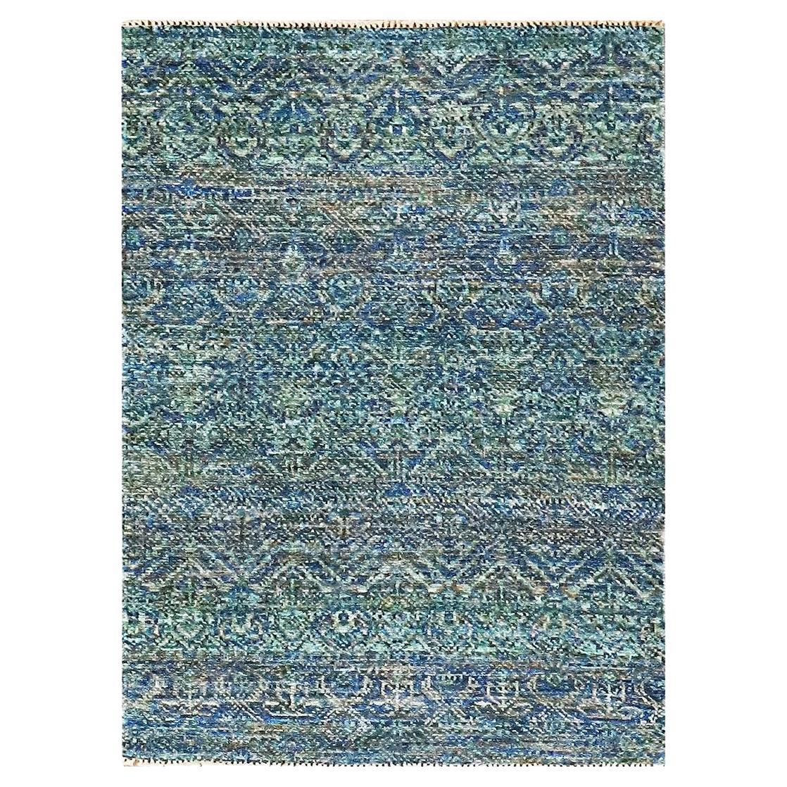 2'x3' Green Hand Knotted Wool Tone on Tone Diamond Shape Repetitive Design Rug For Sale