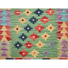 2'x3' Green, Soft Wool, Afghan Kilim, Hand Woven, Oriental Rug