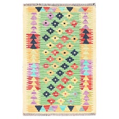 2'x3' Green, Soft Wool, Afghan Kilim, Hand Woven, Oriental Rug