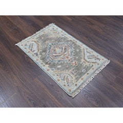 2'x3' Green Supple Collection Oushak Design Soft Wool Hand Knotted Mat Rug