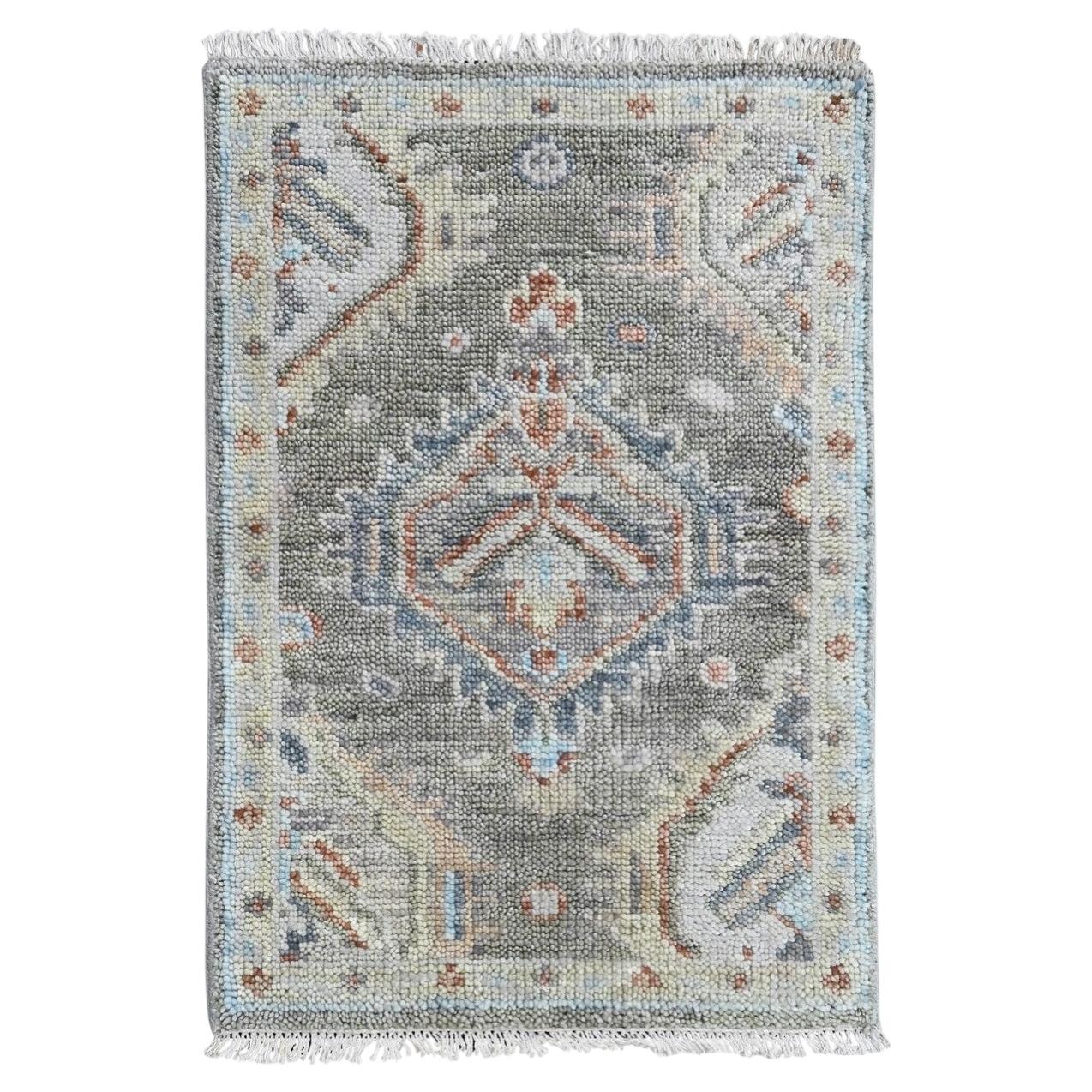2'x3' Green Supple Collection Oushak Design Soft Wool Hand Knotted Mat Rug For Sale