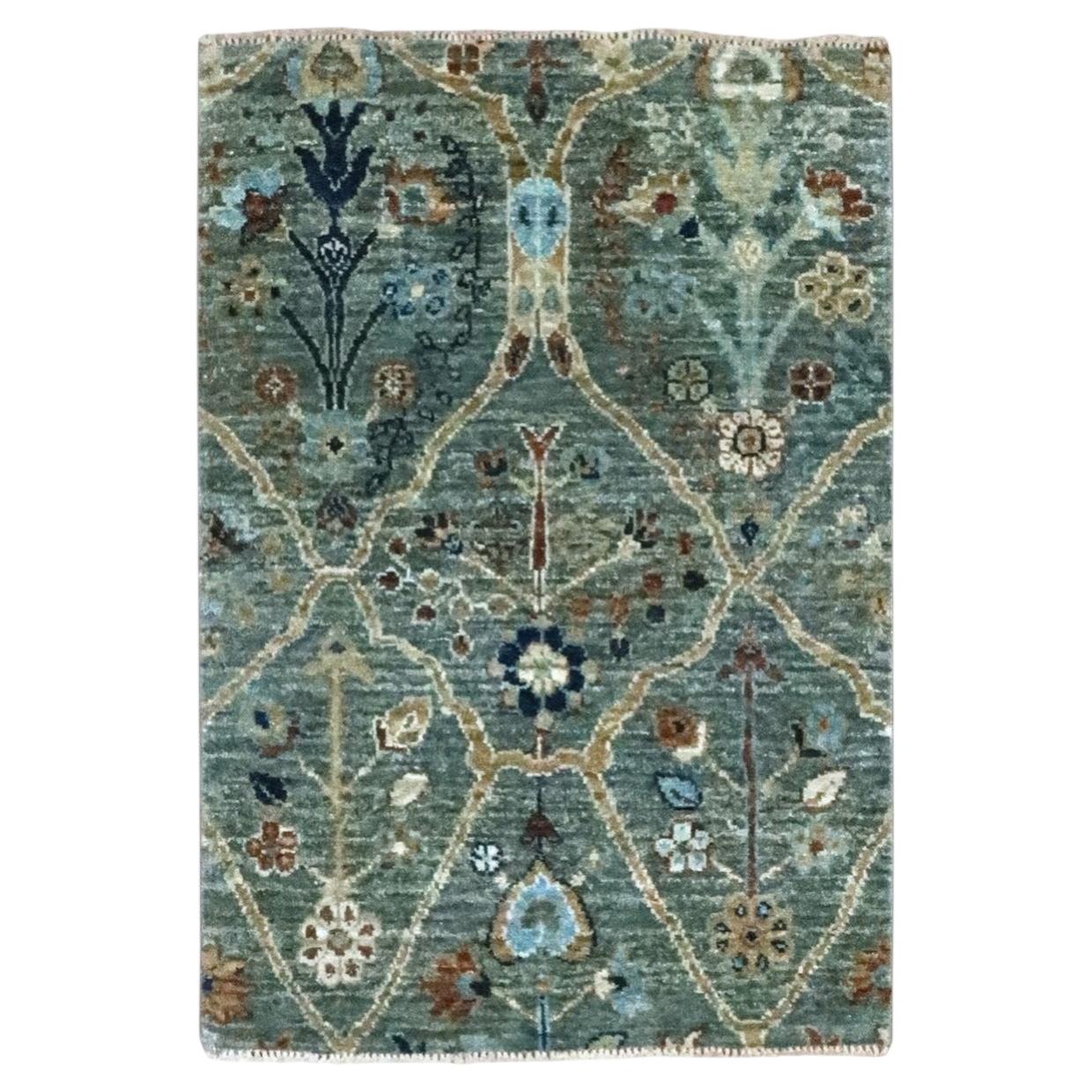 2'x3' Green Trellis Borderless Garden Design Wool Hand Knotted Mat Small Rug