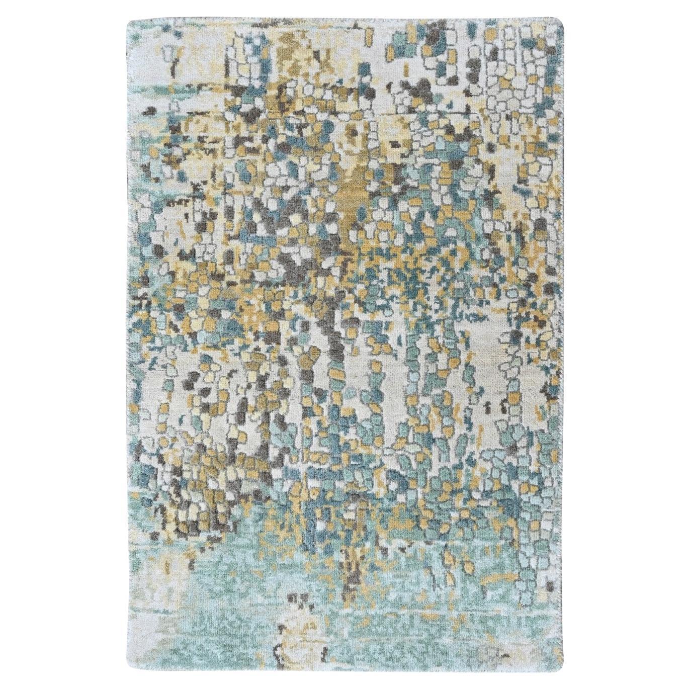2'x3' Green with Gold Hand Knotted Abstract Design Wool and Silk Mat Rug For Sale