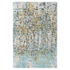 2'x3' Green with Gold Hand Knotted Abstract Design Wool and Silk Mat Rug