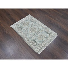 2'x3' Greenish Gray Hand Knotted Pure Wool Karajeh Design Medallions Mat Rug
