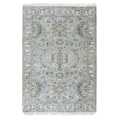 2'x3' Greenish Gray Hand Knotted Pure Wool Karajeh Design Medallions Mat Rug