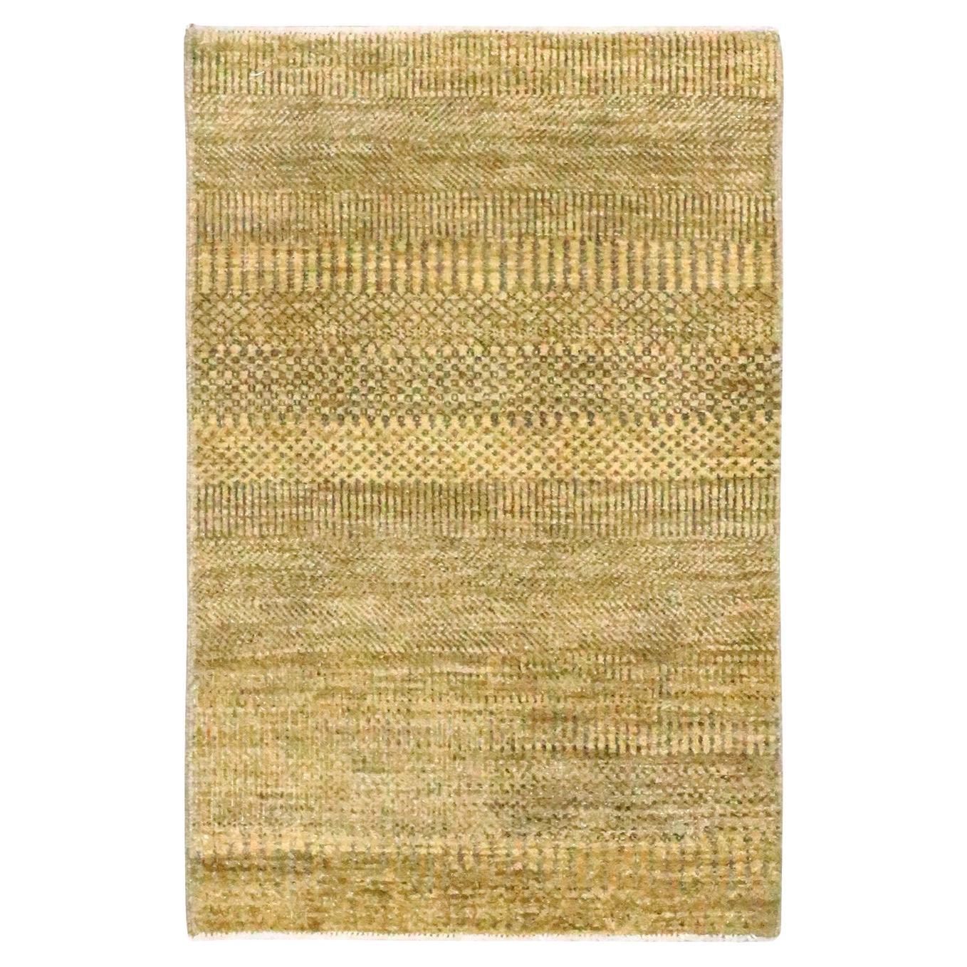 2'x3' Honey Brown Wool with Silk Hand Knotted Modern Grass Design Mat Rug
