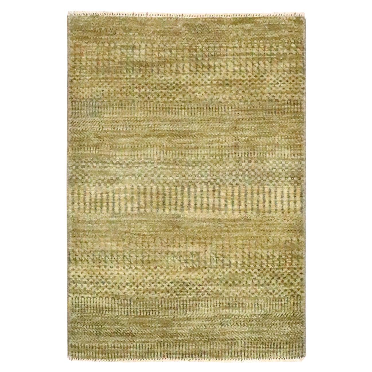 2'x3' Honey Brown Wool with Silk Hand Knotted Modern Grass Design Mat Rug