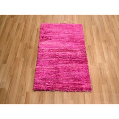 2'x3' Hot Pink Plain Solid Design Pure Sari Silk Hand Knotted Mat Rug