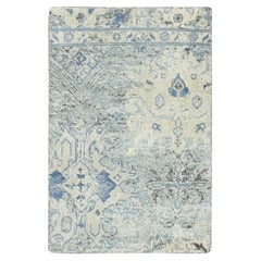 2'x3' Elfenbein und Blau Oushak Reine Seide mit texturierter Wolle Handgeknüpfter Teppich