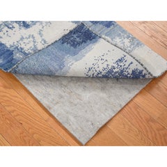 2'x3' Ivory-Denim Blue 100% Wool Hand Knotted Modern Abstract Design Rug