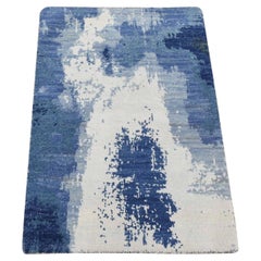 2'x3' Ivory-Denim Blue 100% Wool Hand Knotted Modern Abstract Design Rug