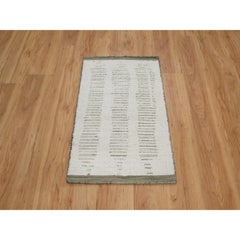 2'x3' Ivory Flat Weave with Pile Textured Hand Woven Natural Wool Mat Rug