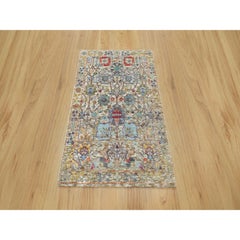 2'x3' Ivory Hand Knotted Silk and Wool Tabriz Vase Flower Design Mat Rug