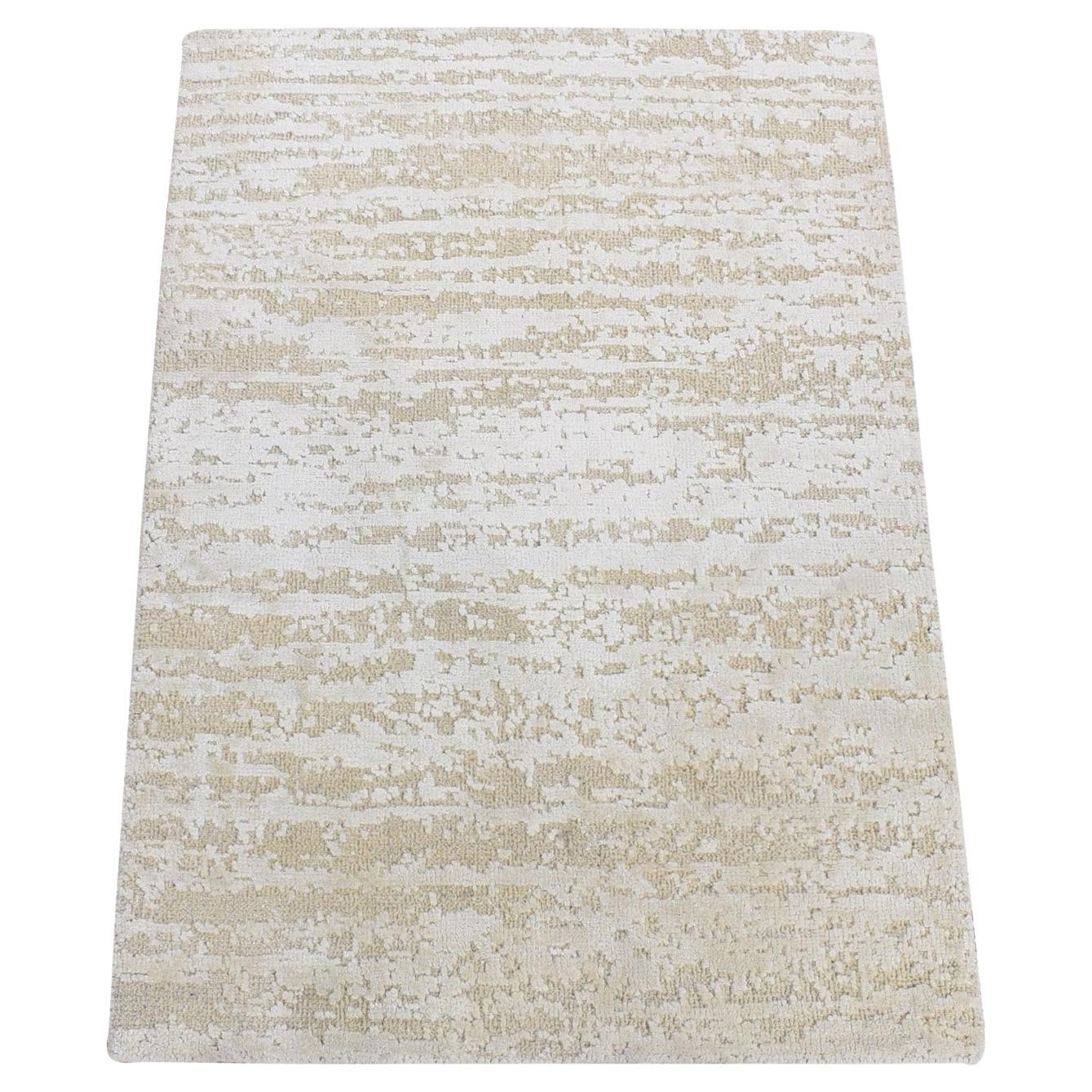 2'x3' Ivory, Modern Design, Pure Silk with Wool, Hand Knotted, Mat Rug
