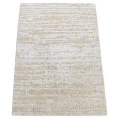 2'x3' Ivory, Modern Design, Pure Silk with Wool, Hand Knotted, Mat Rug