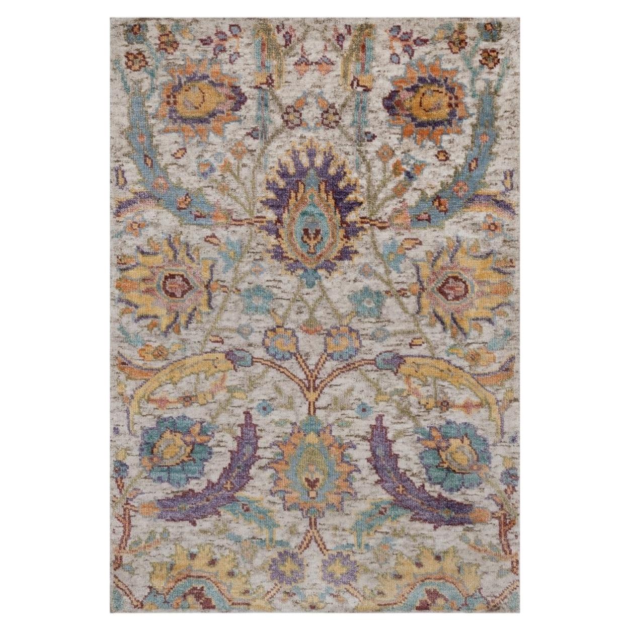 2'x3' Ivory Sickle Leaf Design Silk & Textured Wool Hand Knotted Mat Rug