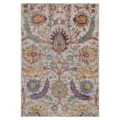 2'x3' Ivory Sickle Leaf Design Silk & Textured Wool Hand Knotted Mat Rug