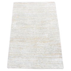 2'x3' Light Beige Silk with Textured Wool Modern Design Hand Knotted Mat Rug