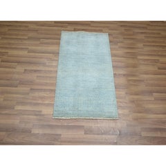 2'x3'  Light Blue Modern Grass Design Hand Knotted Wool with Silk Mat Rug