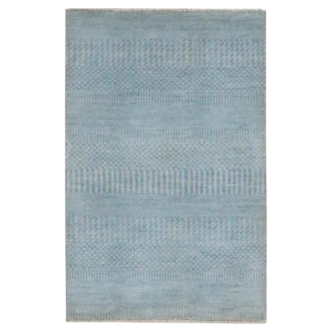 2'x3'  Light Blue Modern Grass Design Hand Knotted Wool with Silk Mat Rug