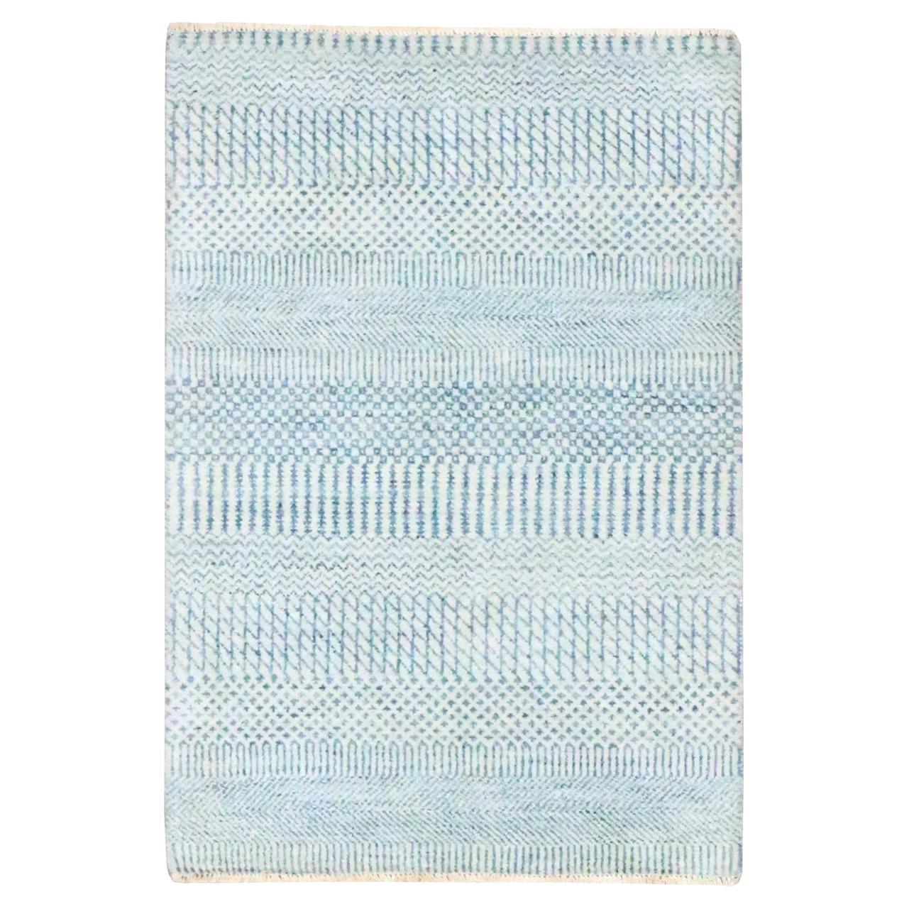 2'x3' Light Blue Modern Grass Design Hand Knotted Wool with Silk Mat Rug For Sale