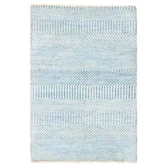 2'x3' Light Blue Modern Grass Design Hand Knotted Wool with Silk Mat Rug