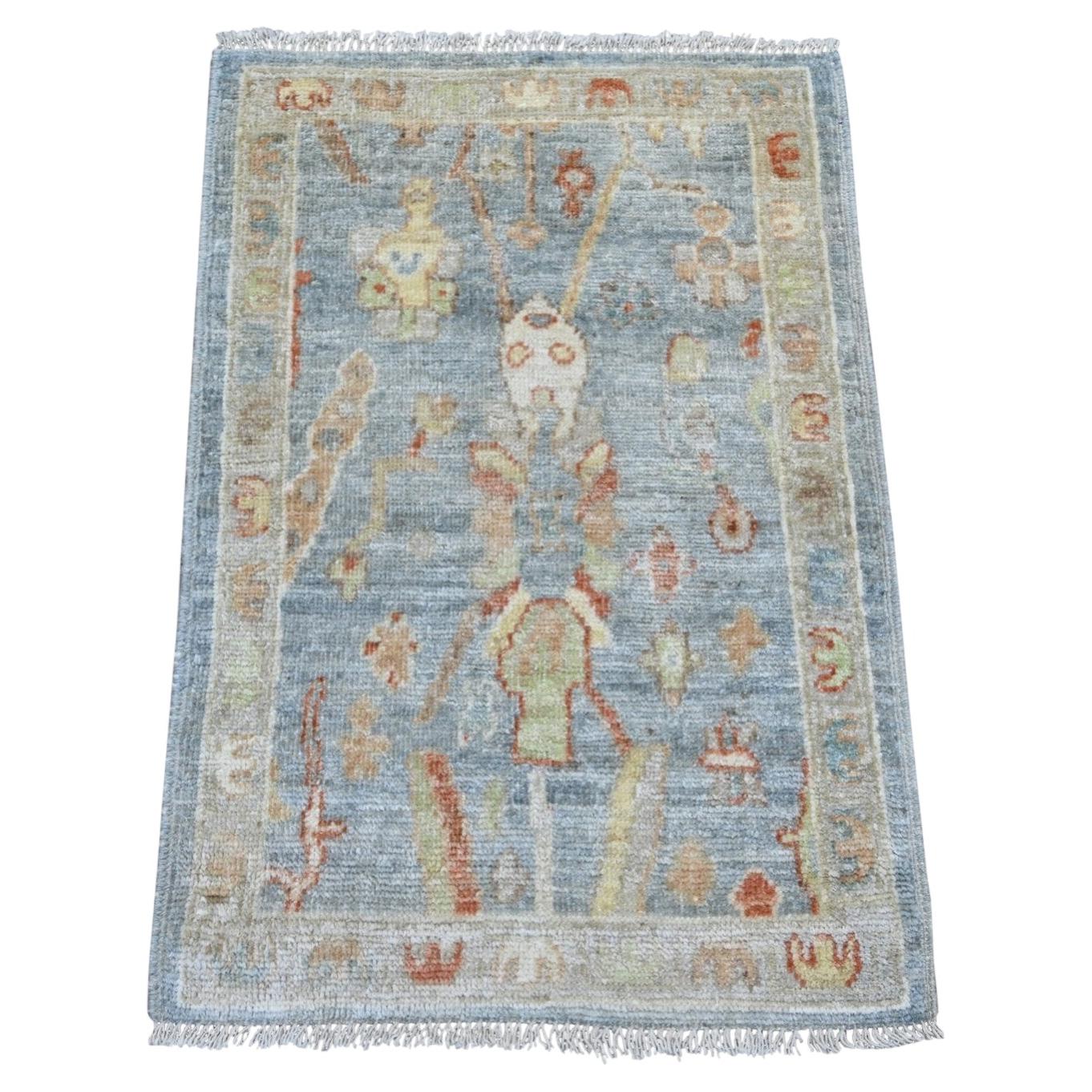 2'x3' Light Blue Wool Afghan Angora Oushak Hand Knotted Mat Oriental Rug