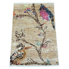 2'x3' Light Brown Hand Knotted Sparrows on the Tree Wool Mat Oriental Rug