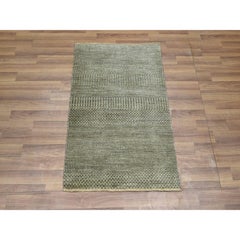 2'x3' Light Brown Wool with Silk Modern Grass Design Hand Knotted Mat Rug
