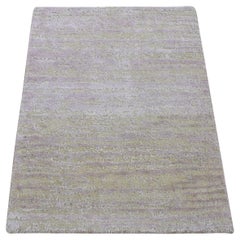 2'x3' Light Green, Modern Design, Pure Silk with Wool, Hand Knotted, Mat Rug