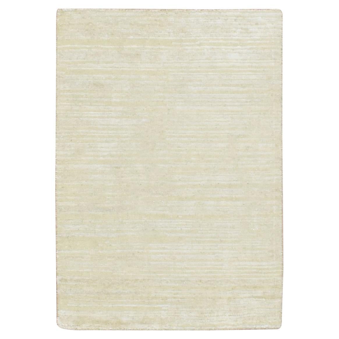 2'x3' Linen White Plain Line Design Silk with Oxidized Wool Hand Knotted Rug For Sale