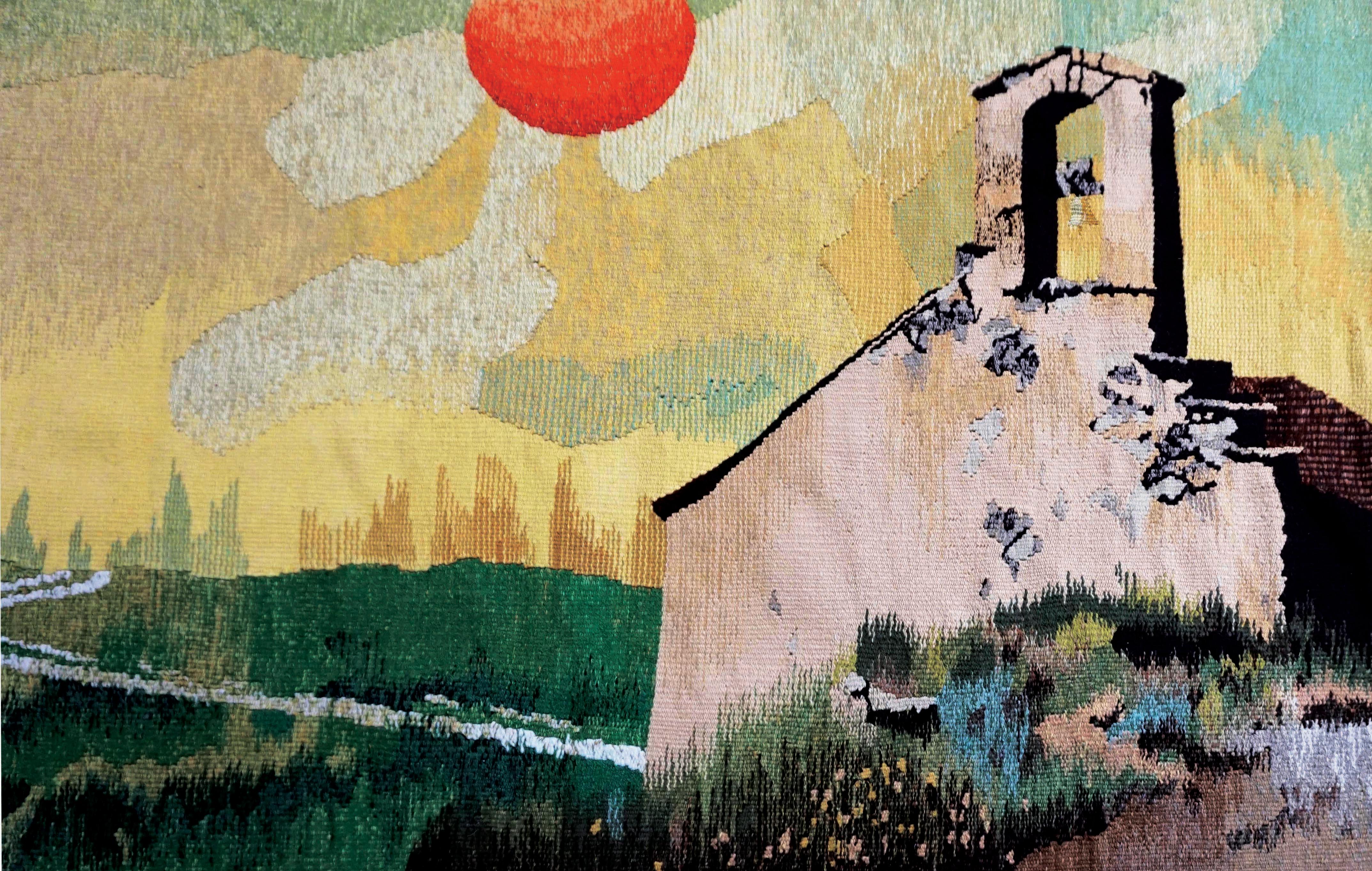 Haute-Lisse von Eszter Kneisz Noémi Ferenczy Preisgekrönte Tapisserie-Künstlerin.

In der großen, romantischen Wandteppichlandschaft mit dem Titel Childhood (Kindheit) sehen wir ein Kind, das sich an einen Heliumballon klammert, der durch eine