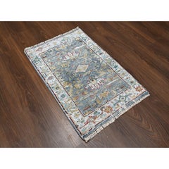 2'x3' Marengo Gray Hand Knotted Erased Persian Heriz Design All Wool Mat Rug