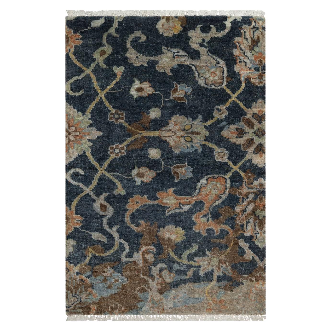 2
x3
 Midnight Blue Broken Pattern with Oushak Design Hand Knotted Wool Rug For Sale