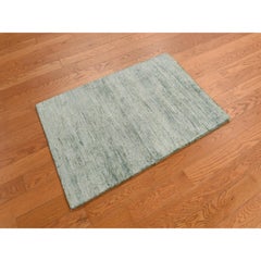 2'x3' Mist Green Sample Strike Off Pure Sari Silk Hand Knotted Oriental Rug