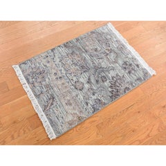 2'x3' Nyanza Green, Pure Silk with Wool, Mughal Design, Hand Knotted Mat Rug
