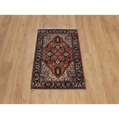 2'x3' Red Antiqued Heriz Re-Creation Medallion Design Hand Knotted Wool Rug