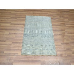 2'x3' Ruddy Blue Modern Grass Design Hand Knotted Wool with Silk Mat Rug