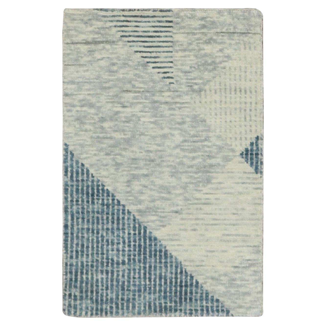 2'x3' Stone Blue Wool Hand Knotted, Geometric Art Deco Collection Mat Rug For Sale