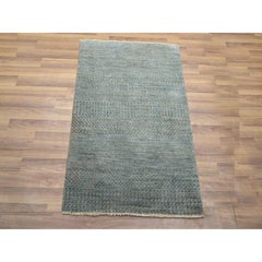 2'x3' Stone Blue Wool with Silk Modern Grass Design Hand Knotted Mat Rug