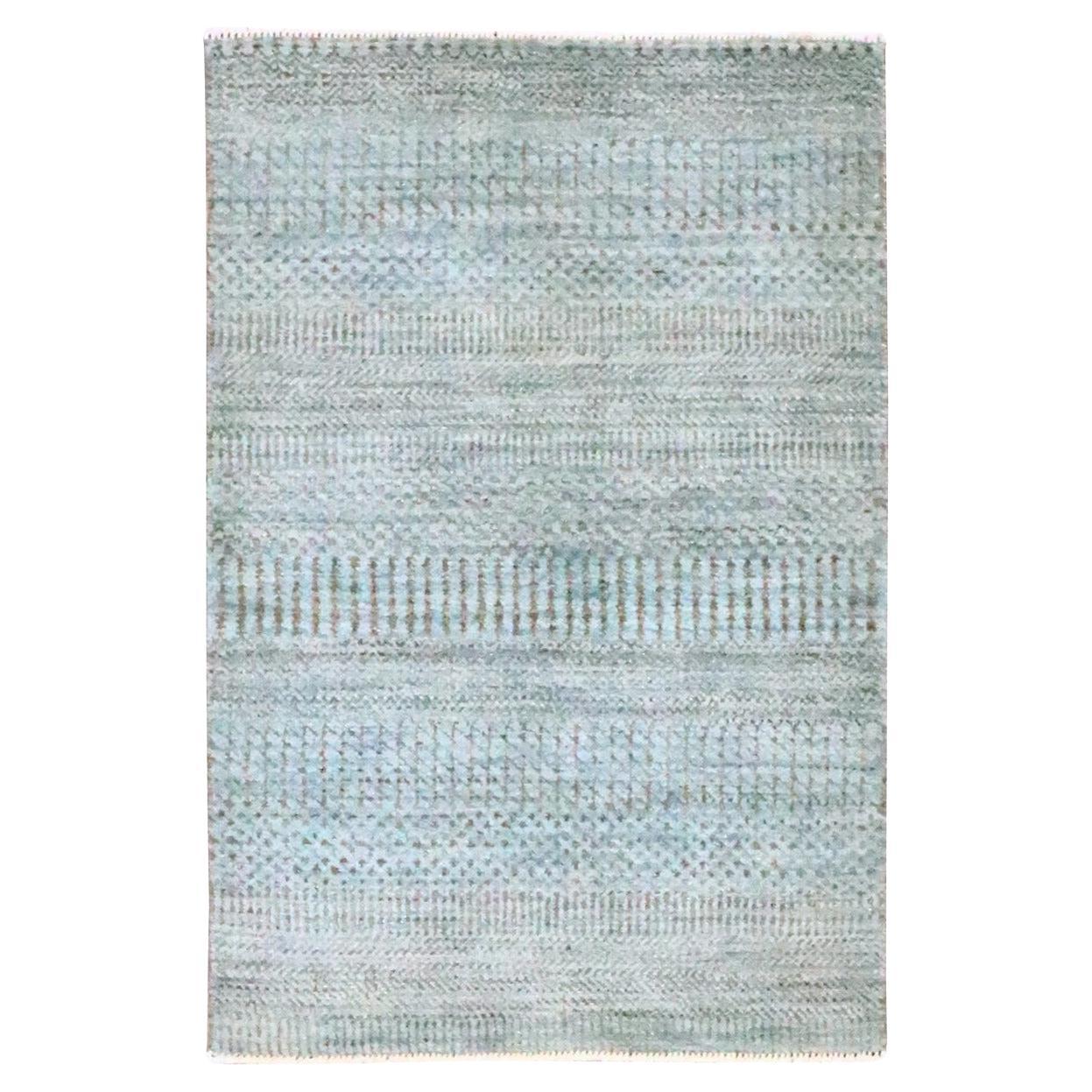 2'x3' Stone Blue Wool with Silk Modern Grass Design Hand Knotted Mat Rug