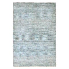 2'x3' Stone Blue Wool with Silk Modern Grass Design Hand Knotted Mat Rug