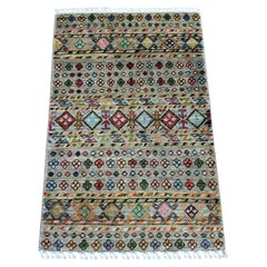 2'x3' Stone Gray Afghan Super Kazak Khorjin Design Hand Knotted Wool Rug