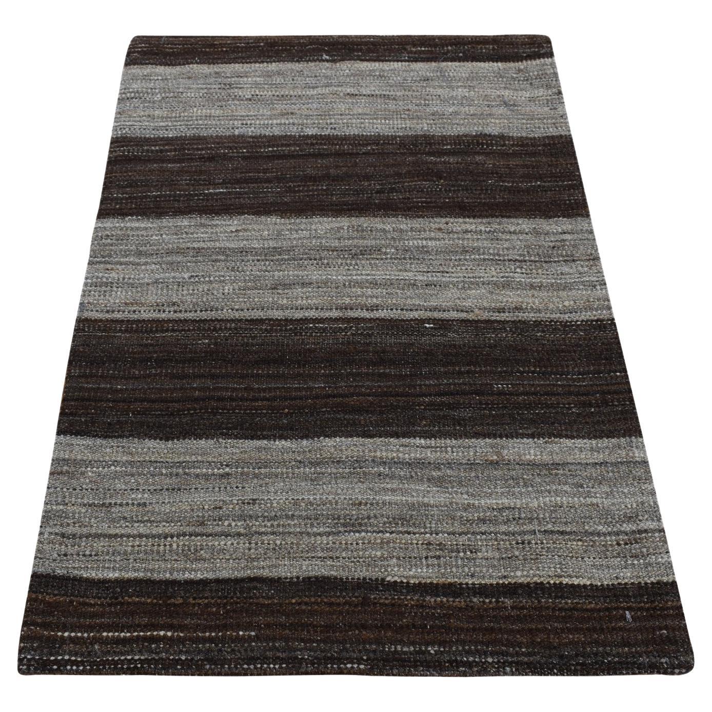 2'x3' Taupe Brown Flat Weave Wide Stripe Design Wool Hand Woven Oriental Rug