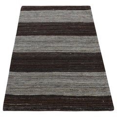 2'x3' Taupe Brown Flat Weave Wide Stripe Design Wool Hand Woven Sample Rug