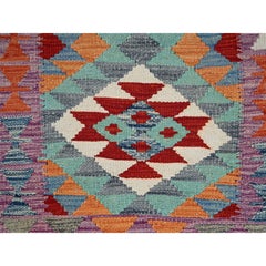 2'x3' Teal Afghan Kilim Geometric Pattern Hand Woven Flat Weave Wool Mat Rug