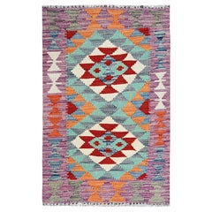 2'x3' Teal Afghan Kilim Geometric Pattern Hand Woven Flat Weave Wool Mat Rug